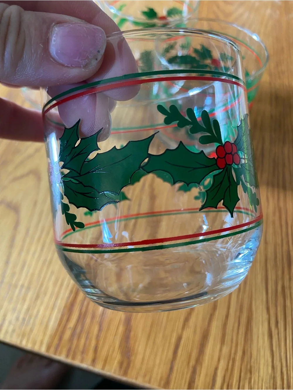 4 Holiday Holly Berry Low Ball Glasses Green & Red